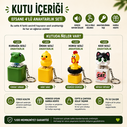 4'lü Sevimli Hayvanlar Sesli Anahtarlık Seti