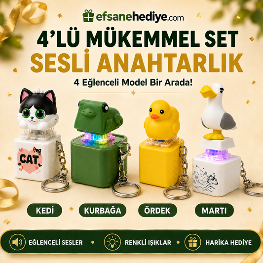 4'lü Sevimli Hayvanlar Sesli Anahtarlık Seti